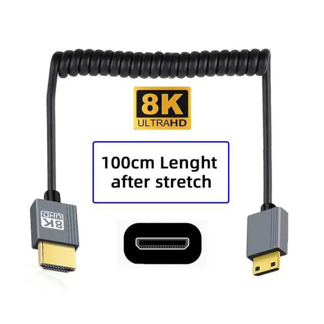 Alt view image 6 of 7 - 8K 60hz Mini HDMI 2.1 Male to HDMI Male Stretch Coiled Right Angled Cable for HDTV Computer Laptop Monitor 100cm