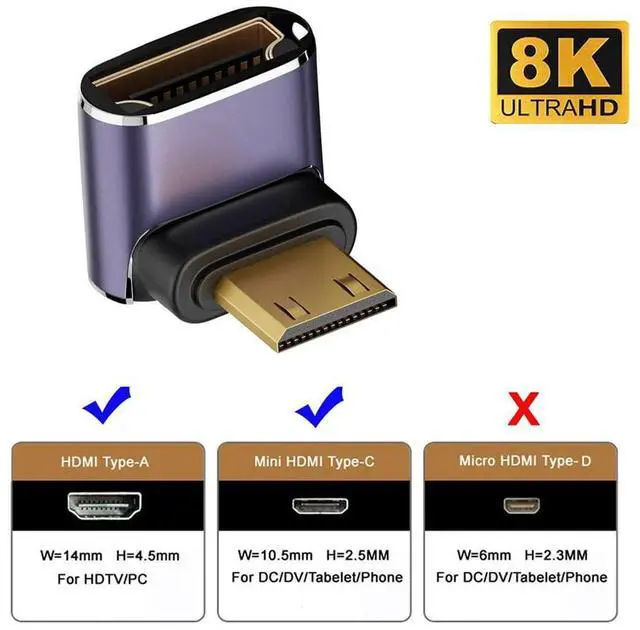 Alt view image 5 of 7 - Down Angled Mini HDMI Male to HDMI 2.1 Female UHD Extension Gold Converter Adapter Support 8K 60hz HDTV