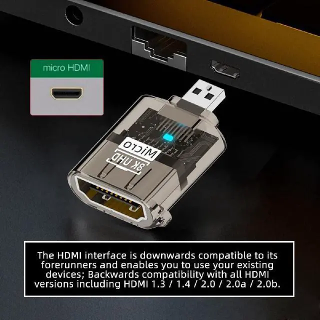 Alt view image 5 of 7 - Type-D Micro-HDMI to UHD HDMI 2.1 Male to Female Extension Adapter Extender Transparent with Smart LED Light Support 8K 60hz HDTV