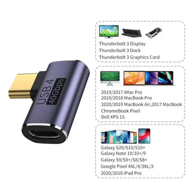 Alt view image 2 of 7 - 40Gbps Male to Female USB4 Type C 90 Degree Left Right Angled 100W Power Data 8K Video Adapter for Laptop Phone