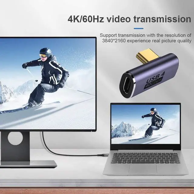 Alt view image 5 of 7 - 40Gbps Low Profile USB4 Type C Male to Female Right Angled 100W Power Data 8K Video Adapter for Laptop Phone