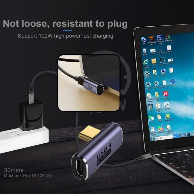 Alt view image 7 of 7 - 40Gbps Low Profile USB4 Type C Male to Female Right Angled 100W Power Data 8K Video Adapter for Laptop Phone