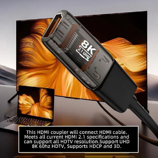 Alt view image 5 of 7 - UHD 8K 60hz Extension HDMI 2.1 Female to HDMI Male Adapter Extender Transparent with Smart LED Light Support HDTV