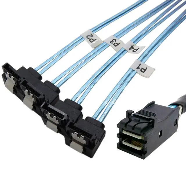 Alt view image 3 of 6 - Internal Mini SAS SFF-8643 Host to Angled 4 SATA Target Hard Disk 6Gbps Data Server Raid Cable 1m