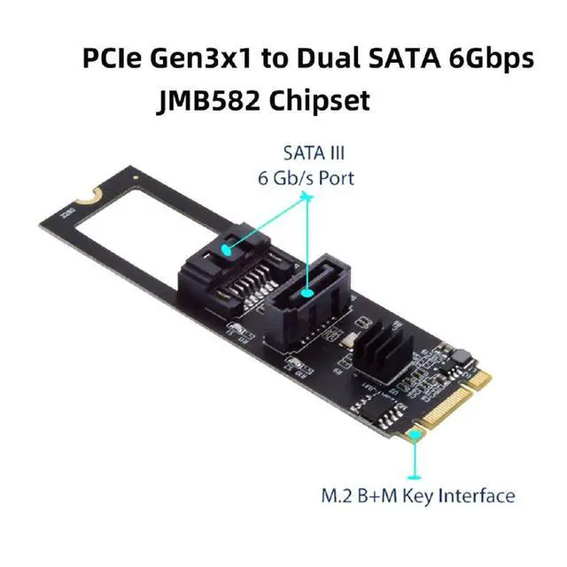 Alt view image 5 of 7 - PCI Express NGFF Key B+M to SATA 3.0 6Gbps Dual Ports Vertical Horizontal Adapter Converter Hard Drive Extension Card JMB582 2280