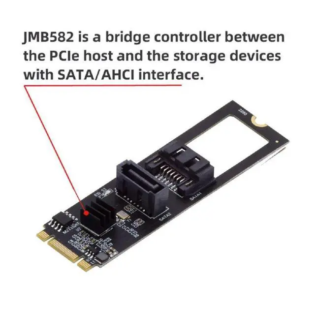 Alt view image 2 of 7 - PCI Express NGFF Key B+M to SATA 3.0 6Gbps Dual Ports Vertical Horizontal Adapter Converter Hard Drive Extension Card JMB582 2280
