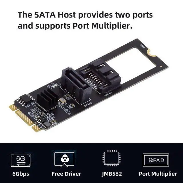 Alt view image 4 of 7 - PCI Express NGFF Key B+M to SATA 3.0 6Gbps Dual Ports Vertical Horizontal Adapter Converter Hard Drive Extension Card JMB582 2280