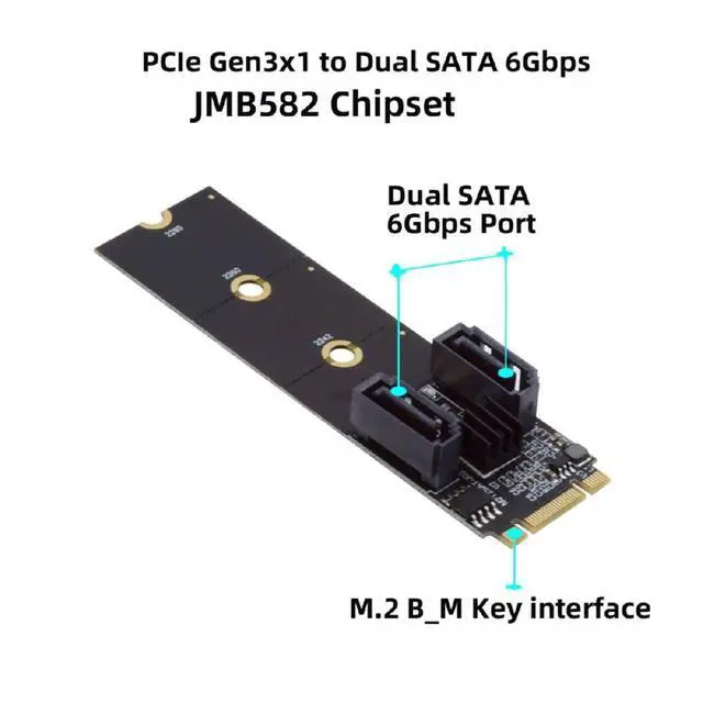 Alt view image 2 of 7 - PCI Express NGFF Key B+M to SATA 3.0 6Gbps Dual Ports Vertical Adapter Converter Hard Drive Extension Card JMB582 2230 2242 2260 2280