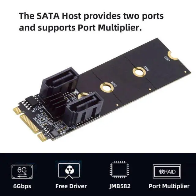 Alt view image 3 of 7 - PCI Express NGFF Key B+M to SATA 3.0 6Gbps Dual Ports Vertical Adapter Converter Hard Drive Extension Card JMB582 2230 2242 2260 2280