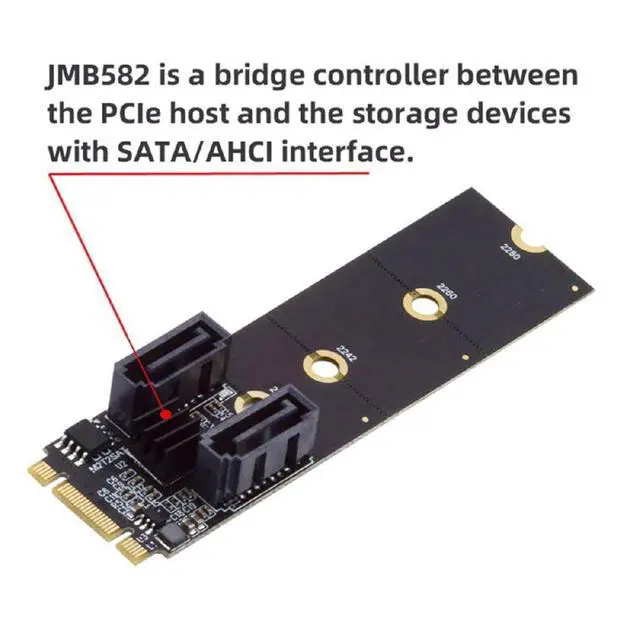 Alt view image 4 of 7 - PCI Express NGFF Key B+M to SATA 3.0 6Gbps Dual Ports Vertical Adapter Converter Hard Drive Extension Card JMB582 2230 2242 2260 2280