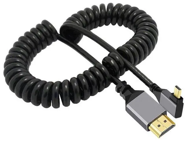 Main image of 4K 60hz Micro HDMI 2.0 Male to HDMI Male Right Angled Stretch Coiled Cable 90 Degree for HDTV Monitor Computer Laptop