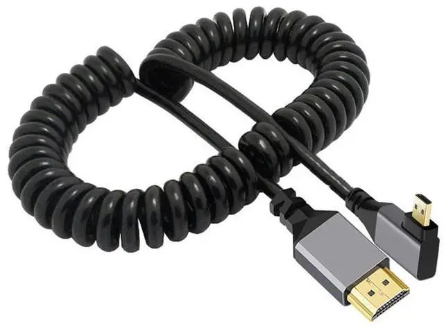 Main image of 4K 60hz Micro HDMI 2.0 Male to HDMI Male Left Angled Stretch Coiled Cable 90 Degree for HDTV Monitor Computer Laptop