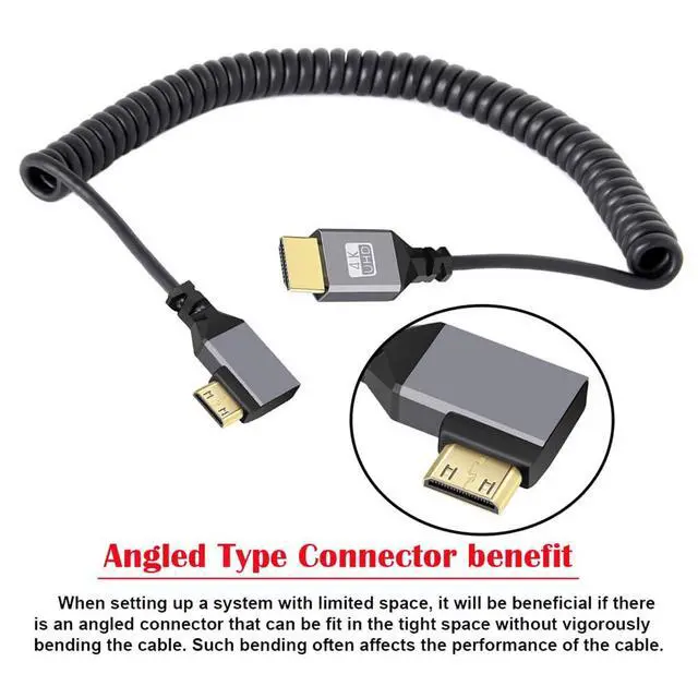 Alt view image 3 of 7 - 4K 60hz Mini HDMI 2.0 Male to Male HDMI Stretch Coiled Cable 90 Degree Left Angled for HDTV Monitor Computer Laptop