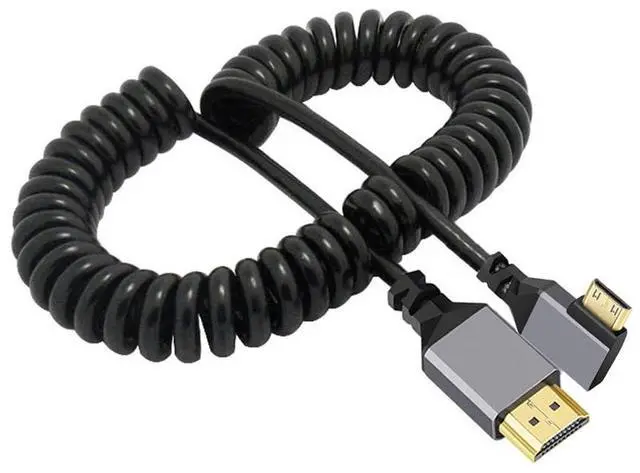 Main image of 4K 60hz Mini HDMI 2.0 Male to Male HDMI Stretch Coiled Cable 90 Degree Right Angled for HDTV Monitor Computer Laptop