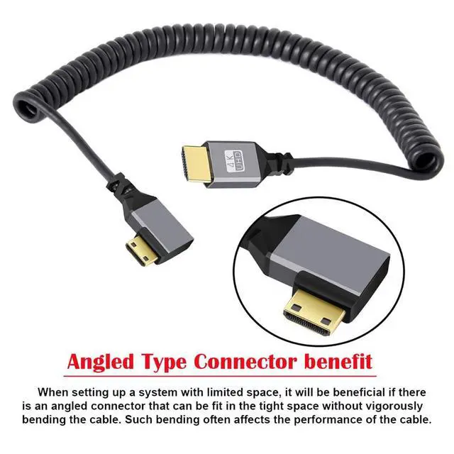 Alt view image 3 of 7 - 4K 60hz Mini HDMI 2.0 Male to Male HDMI Stretch Coiled Cable 90 Degree Right Angled for HDTV Monitor Computer Laptop