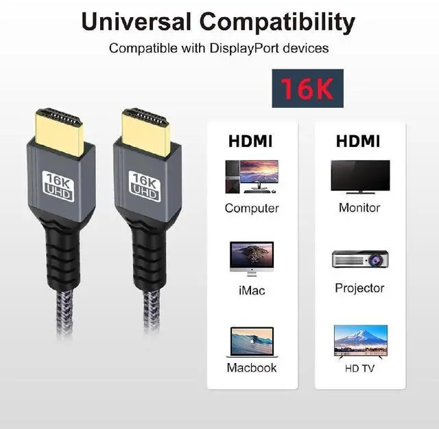 Alt view image 2 of 7 - HDMI 2.2 Cable 16K@60Hz 8K@120Hz 96Gbps Ultra High Speed Male to Male UHD Cable for HDTV Monitor Desktop Laptop Projector 100cm