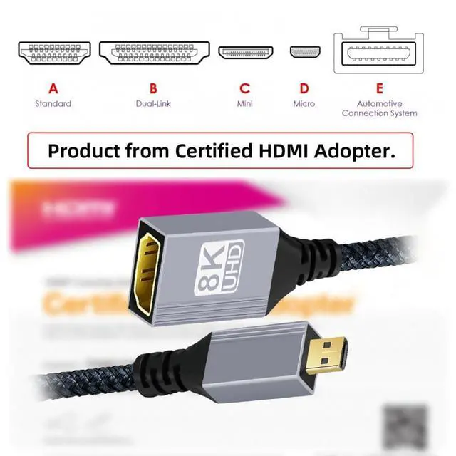 Alt view image 2 of 7 - Micro HDMI 2.1 8K Type-D Male to HDMI Female Extension HDTV Cable for DV Camera Laptop Portable Monitor