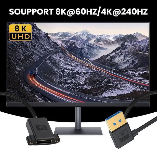 Alt view image 4 of 7 - DisplayPort 1.4 8K 60hz 4K 144hz Ultrafine DP Male to Female Right Angled Extension Cable for Desktop Laptop Monitor Graphics Card 30cm