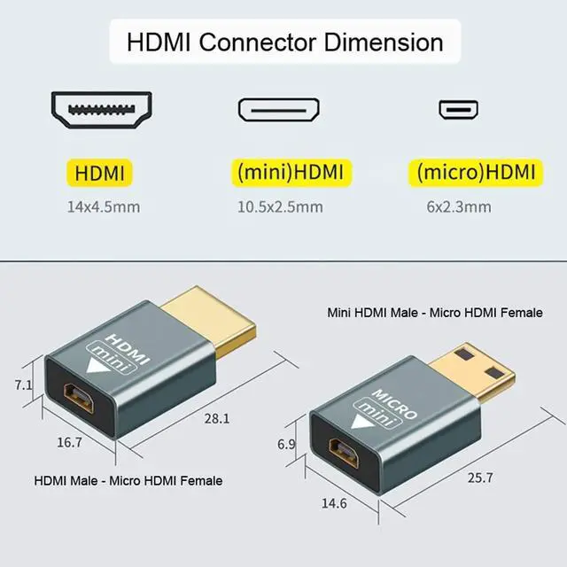 Alt view image 5 of 7 - 2pcs/Set Compatible Micro HDMI Female to Mini Male & HDMI 1.4 Male Adapter 4K@60hz