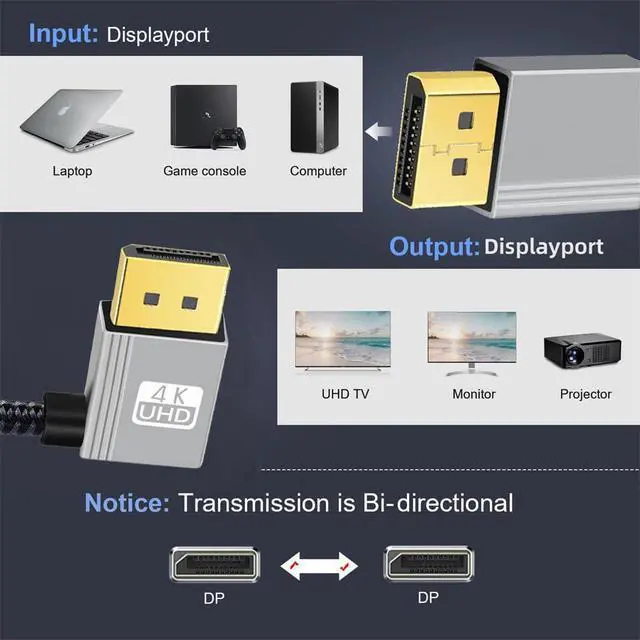 Alt view image 6 of 7 - 4K 60hz DisplayPort DP to DP Ultra-HD UHD Cable 32.4Gbps high-Speed Left Angled Silver Sleeve 2.0M