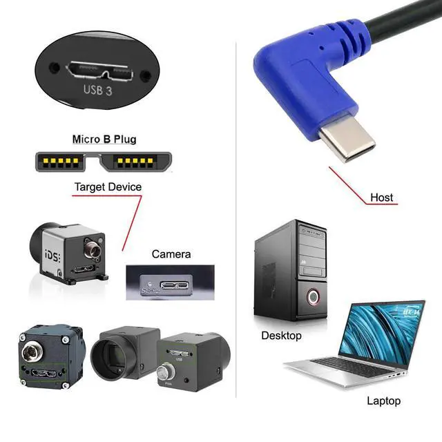 Alt view image 6 of 7 - 5Gbps USB-C Type-C Host to Micro USB3.0 90 Degree Right Angled Data Cable for Industrial Camera Storage Phone 30cm