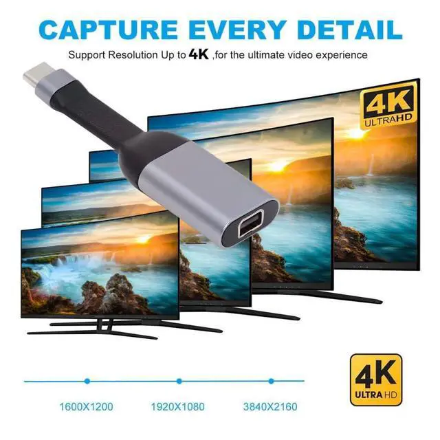 Alt view image 2 of 7 - 4K 60hz USB-C Source to MINI-DP Sink HDTV Adapter Ultra Slim Flat Cable 1080p for Laptop Tablet Phone