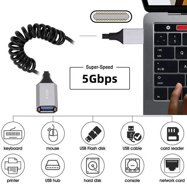 Alt view image 7 of 7 - 5Gbps USB-C Type-C Host to USB3.0-A Female OTG Extension Stretch Coiled Cable for Disk Phone Camera Data 100cm