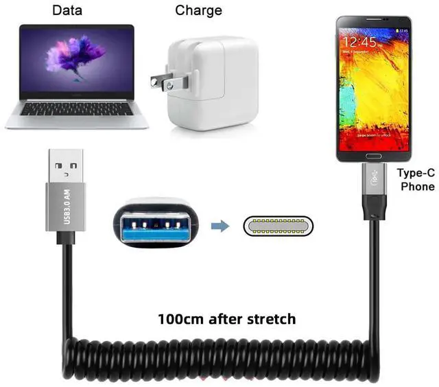 Alt view image 7 of 7 - 5Gbps USB3.0 Type-A Male to USB-C Male OTG Stretch Coiled Cable Extension for Disk Phone Camera Data 100cm