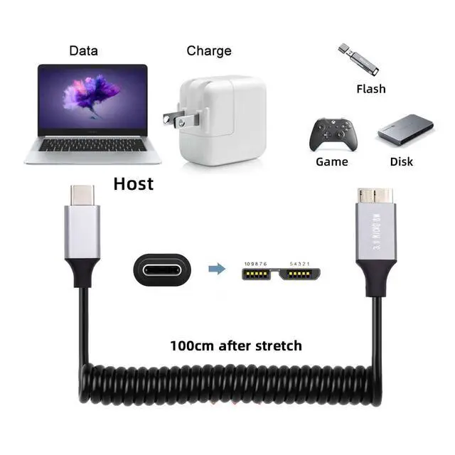 Alt view image 7 of 7 - 5Gbps Type-C USB-C Host to Micro-USB3.0 Male OTG Stretch Coiled Cable Extension for Disk Phone Camera Data 100cm