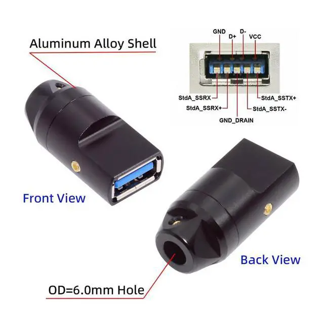 Alt view image 5 of 7 - DIY OEM 5Gbps USB 3.0 Female Type-A Socket Receptacle Connector Solder Type with Aluminum Alloy Shell Customization for 6.0mm Cable