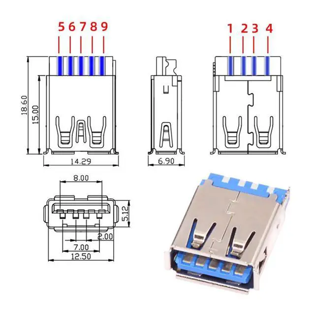 Alt view image 3 of 7 - DIY OEM 5Gbps USB 3.0 Female Type-A Socket Receptacle Connector Solder Type with Aluminum Alloy Shell Customization for 6.0mm Cable