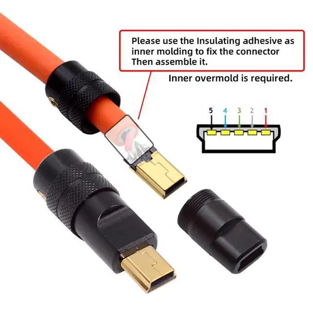 Alt view image 7 of 7 - 5Pin Mini USB2.0 Male Plug Solder Type Connector with Aluminum Alloy Shell Black Customization for 4.0mm~6.0mm Cable