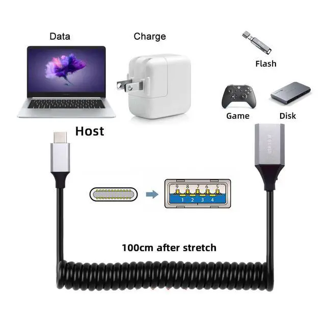 Alt view image 6 of 7 - 5Gbps USB-C Type-C Host to USB3.0-A Female OTG Extension Stretch Coiled Cable for Disk Phone Camera Data 100cm