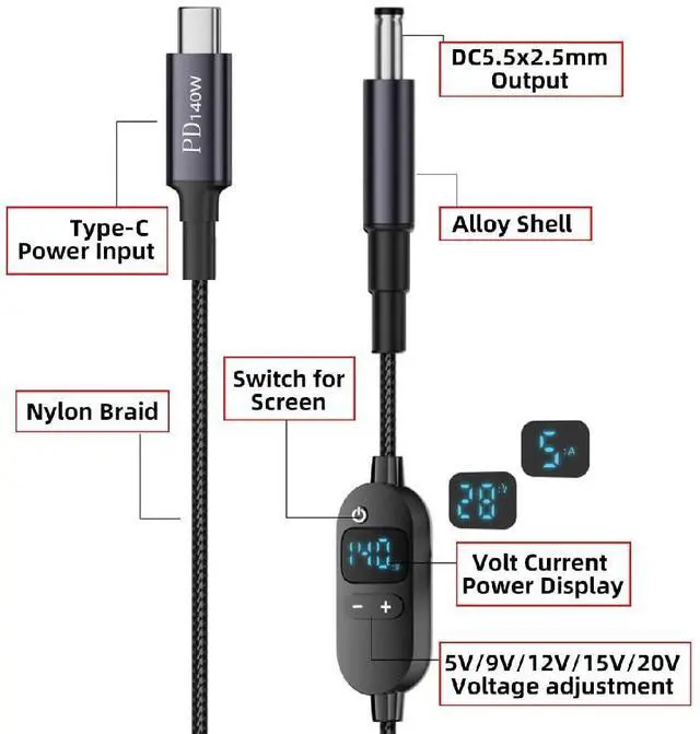 Alt view image 5 of 7 - 140W USB-C Input to DC 5.5 * 2.5mm Output with Smart LED Display 20V 15V 12V 9V 5V Power 100W 65W PD Charge Cable for Laptop 1.5M