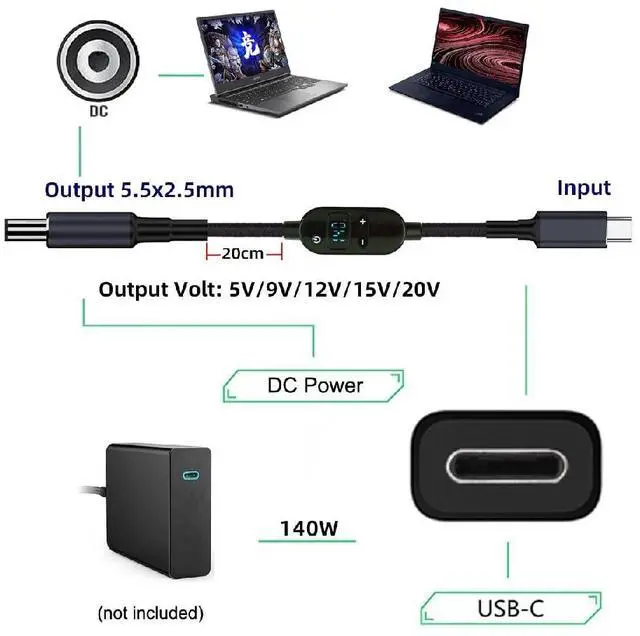 Alt view image 6 of 7 - 140W USB-C Input to DC 5.5 * 2.5mm Output with Smart LED Display 20V 15V 12V 9V 5V Power 100W 65W PD Charge Cable for Laptop 1.5M