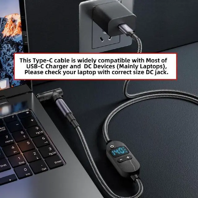 Alt view image 2 of 7 - 140W USB-C Input to DC 5.5 * 2.5mm Output with Smart LED Display 20V 15V 12V 9V 5V Power 100W 65W PD Charge Cable for Laptop 1.5M