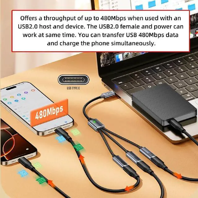Alt view image 2 of 7 - USB-C to 3-Port USB C Female Hub Adapter Bus-Powered for Laptop & Desktop Connect Mouse Keyboard Flash Drive