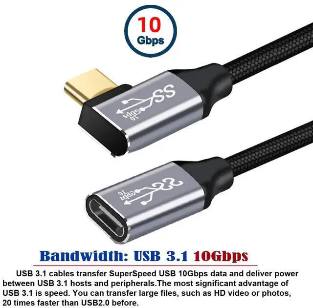 Alt view image 5 of 7 - Left Right Angled USB-C USB 3.1 Type C Male to Female Extension Data Cable 10Gbps 100W with Sleeve for Laptop 50CM