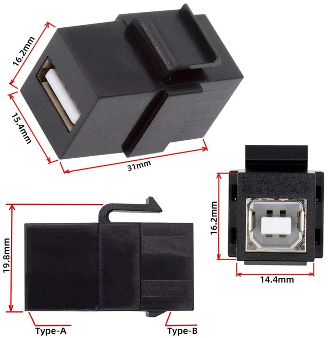 Alt view image 3 of 7 - 480Mbps USB2.0 A Female to USB Type-B Female Extension Keystone Jack Coupler Adapter for Wall Plate Panel USB Cable