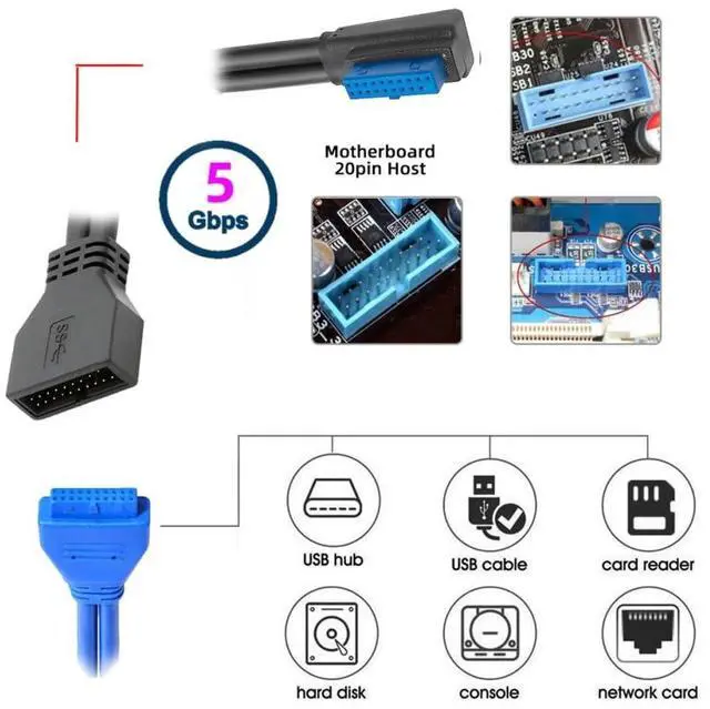 Alt view image 7 of 7 - 5Gbps USB 3.0 20Pin 19Pin Male Low Profile Right Angled to Female Extension Cable 90 Degree for Motherboard