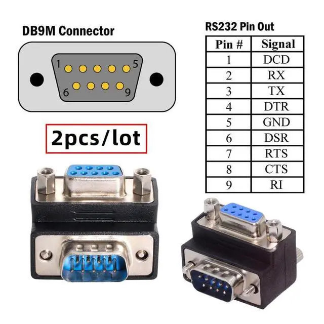 Alt view image 4 of 6 - 2pcs/Set 9Pin RS232 D-Sub Screw Type Male Up & Down Angled 90 Degree to Female Nut Type Extension Adapter