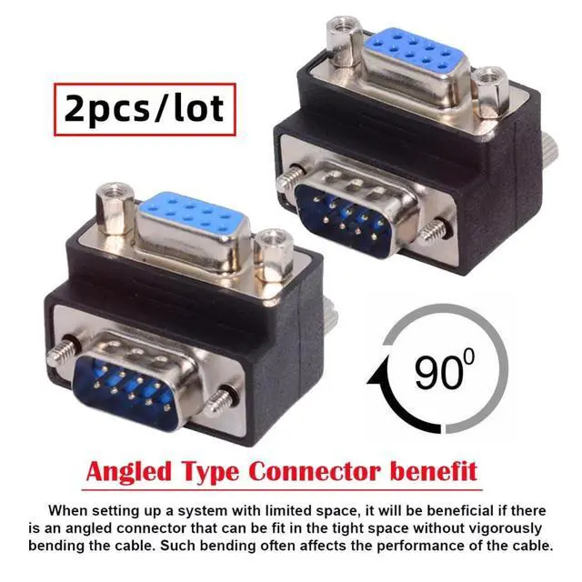 Alt view image 5 of 6 - 2pcs/Set 9Pin RS232 D-Sub Screw Type Male Up & Down Angled 90 Degree to Female Nut Type Extension Adapter
