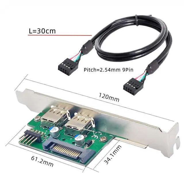 Alt view image 2 of 7 - Dual USB2.0 Female Internal Mount Panel to 9pin Baffle Motherboard Cable with Extral SATA Power and 12cm Bracket