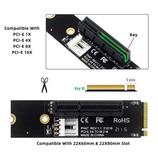 Alt view image 3 of 7 - PCI-E 4.0 NVMe M-Key M.2 NGFF Extender to PCI-E X1 X4 X8 X16 Graphics Card Riser Adapter PCI-Express for M2 2260 2280