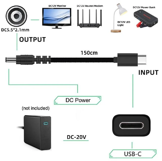 Alt view image 3 of 7 - USB-C PD20V USB 3.1 Type-C Male Input to DC 12V Output 5.5x2.1mm Plug Cable PD Emulator Trigger Cord 150cm