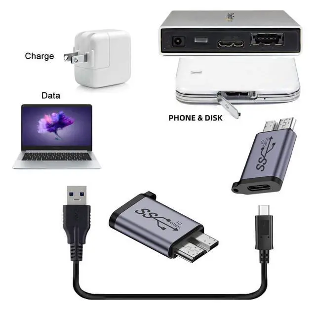 Alt view image 7 of 7 - 10Gbps USB3.0 Type C Female to USB 3.0 Micro Male Data Power Adapter for Laptop SSD Disk