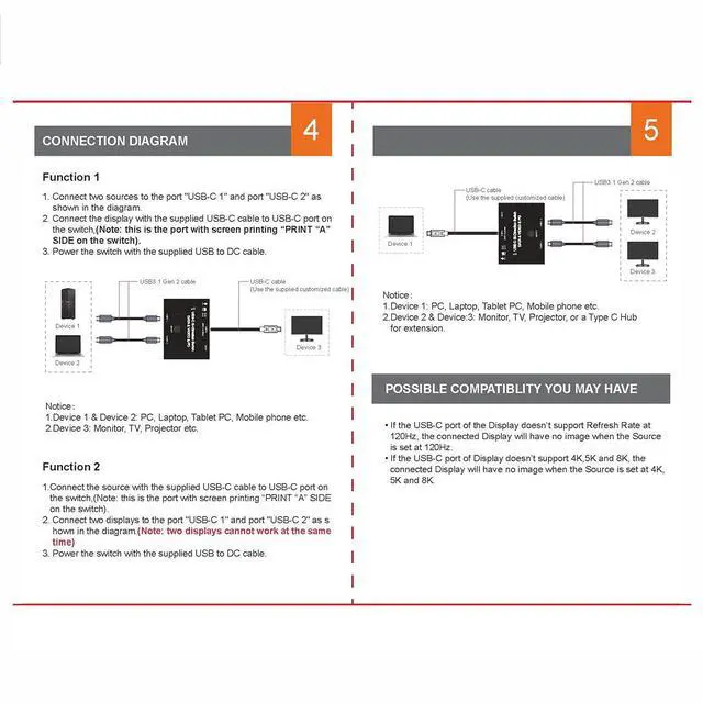 Alt view image 7 of 7 - USB-C Type-C Bi-Direction Switch MST 1 to 2 Hub Support Video Data PD 8K@30hz 100W 10Gbps with 50cm Cable