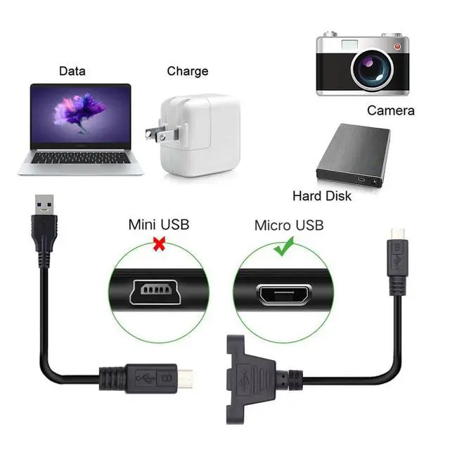 Alt view image 5 of 7 - Micro USB 5Pin Male to Female Extension Panel Mount Type Cable with Screws 50cm