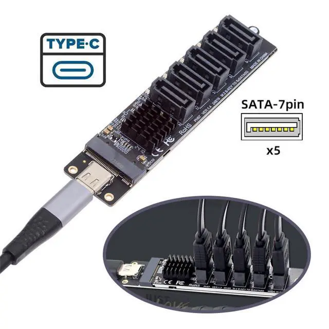 Alt view image 5 of 7 - 10Gbps USB-C 5 Ports Type-C to 6Gbps NGFF B+M Key SATA Adapter Converter PM Port Multiplier Selector JMB575 JMS580