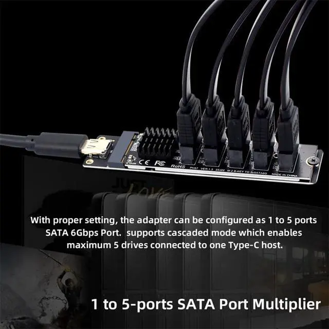 Alt view image 6 of 7 - 10Gbps USB-C 5 Ports Type-C to 6Gbps NGFF B+M Key SATA Adapter Converter PM Port Multiplier Selector JMB575 JMS580